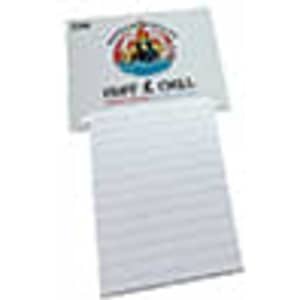A notepad with a white lined pad and a colourful branded header. It features a magnetic backing for easy attachment.