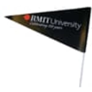 A triangular black pennant flag featuring a logo and text related to RMIT University on a white pole.