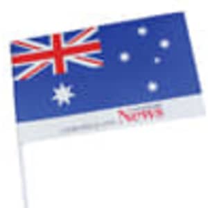 A handwaver flag featuring the Australian flag with a white handle and a branding logo.