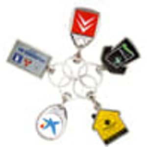 A collection of metal key rings in various shapes and colours, featuring a logo on each ring. Bulk packed for easy distribution.
