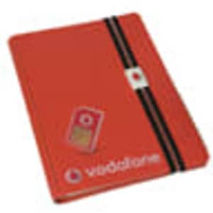A red A5 bonded leather notebook with elastic and a clip, featuring a logo on the cover.