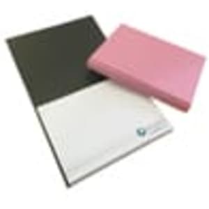 Recycled leather combination notepad cover in pink and grey, with unprinted white notepad inside. Features branding.