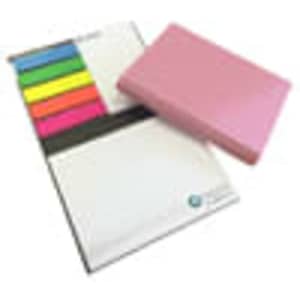 A pink bonded leather pad cover with a white notepad and colourful sticky notes on the side. It features a logo.