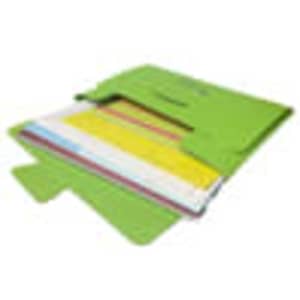 A green file folder with multiple coloured dividers and a flap closure, featuring a branding logo.