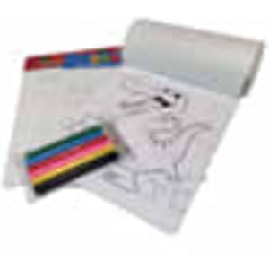 A roll of colouring paper featuring outlines, with a set of coloured markers in vibrant hues.