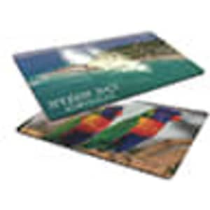 A double-sided magnet measuring 55x90mm, featuring vibrant images of a beach and colourful patterns. It has a logo.