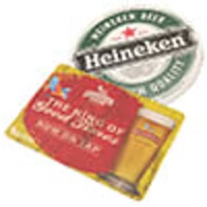 A round green and white coaster with a logo, and a rectangular yellow and red coaster with a glass of beer illustration.
