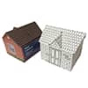 A house-shaped money box, featuring a brown roof and white walls, alongside a red and blue house design.