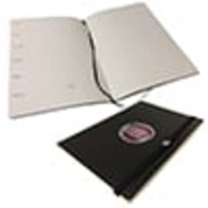 A black PU soft cover notebook with an elastic closure, featuring a blank interior and a branding logo.