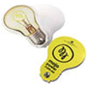 A yellow light bulb-shaped pad with a white backing, featuring a logo.