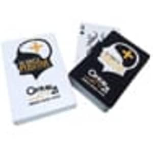 A set of standard bridge size playing cards in black and white packaging, featuring a logo.