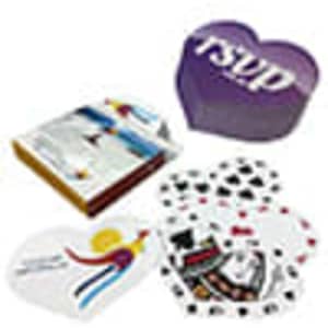 A set of heart-shaped playing cards in a purple box, featuring colourful designs on the cards.