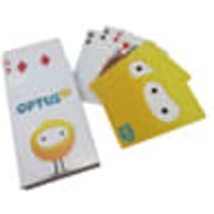 A set of poker-sized playing cards in vibrant colours, with a character design and a branded box.