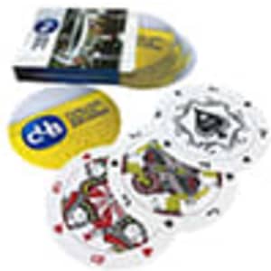 Round shaped playing cards in a box, featuring various designs in vibrant colours, with a logo on the packaging.