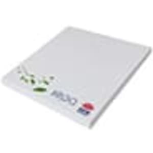 A white sticky note pad with a decorative leaf design and branding in one corner.