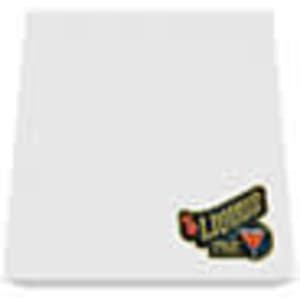 A stack of white sticky notes with a branding logo on one corner.