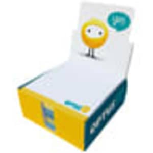 A box containing printed pads, featuring a colourful design with a logo, predominantly in white and blue.
