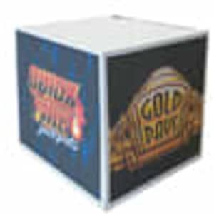 A cube-shaped notepad printed in two colours, featuring graphics on all four sides and a logo.