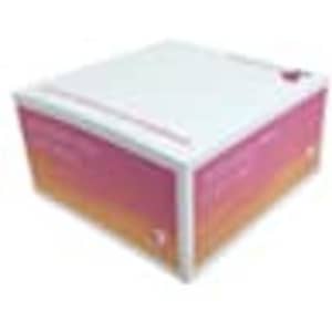 A note cube with a white top and pink to orange gradient sides, featuring a logo on one side.