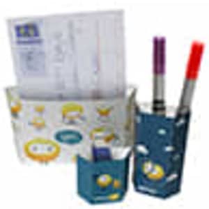 Two teal and white magnetic holders for office supplies, with pens and documents inside. Contains a logo.