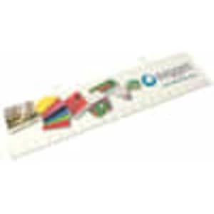A set of double-sided bookmarks in various bright colours, featuring a logo and promotional design.