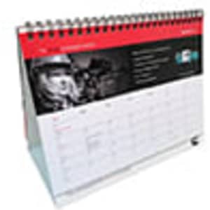 A5 wiro bound tent calendar featuring a red and white design with a spiral binding. Includes a graphic and a logo.