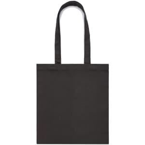 A dark grey tote bag with two handles and a simple design. The bag features a logo.