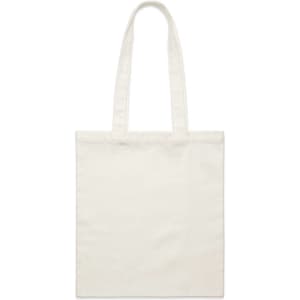 A cream-coloured tote bag with long handles and a blank surface, featuring a branding logo.
