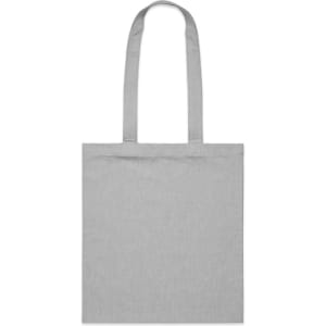 A grey tote bag with two long handles and a simple design. The bag features a logo.