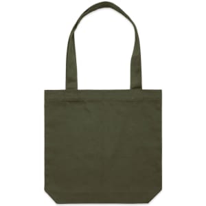 An olive green tote bag with two shoulder straps and a simple design. It features a brand logo.