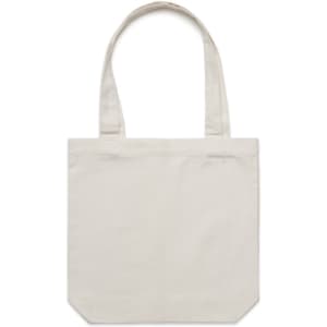 A beige tote bag with long handles and a simple design, featuring a logo.