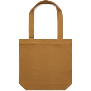 A brown tote bag with two shoulder straps and a simple, unembellished design. It features a branding logo.