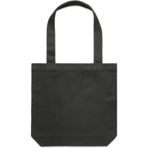 A black tote bag with long handles and a simple design. The bag features a branding label.