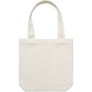 A cream tote bag with two shoulder straps and a simple design. The bag features a logo on one side.
