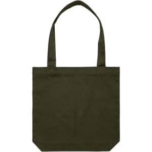 A green tote bag with long handles and a simple design, featuring a logo on the front.