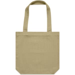 A beige tote bag with two shoulder straps and a simple design, featuring a branding logo.