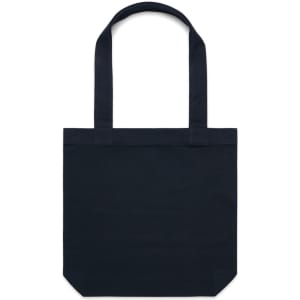 A dark navy tote bag with sturdy handles and a simple design, featuring a branded logo.