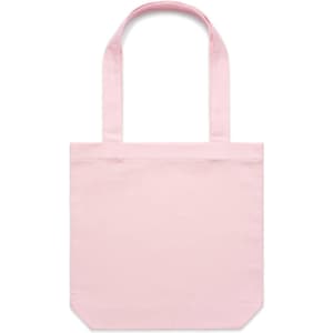 A pink tote bag with two handles and a simple, unadorned design. It features a logo on the front.