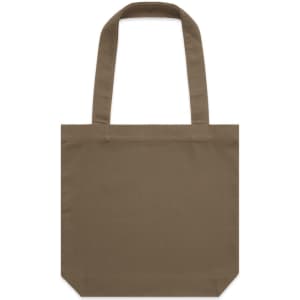 A brown tote bag with two straps and a simple design. The bag features a logo on one side.