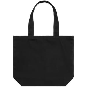A black shoulder tote bag with two handles and a simple design. It features an unobtrusive logo.