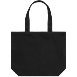A black tote bag with two handles and a simple design. It features a logo on the front.
