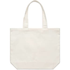 A cream-coloured tote bag with two sturdy handles and a simple design. It has a logo on one side.