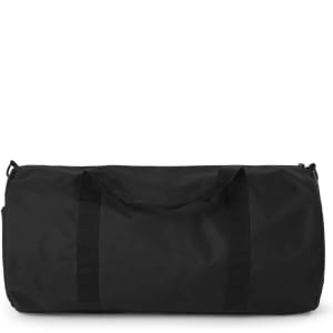 A black duffel bag with two handles and a zip closure, featuring a simple design and no visible branding.
