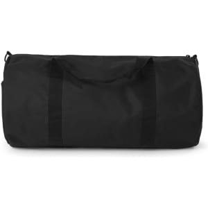 A black duffel bag with sturdy straps and a zippered closure, featuring a logo.