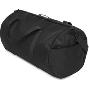 A black duffel bag with handles and a shoulder strap, featuring a zippered compartment.
