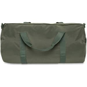 A green duffel bag featuring two handles and a zipper, with a logo on the surface.