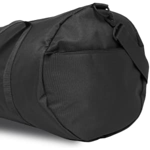A black duffel bag featuring a zippered pocket and an adjustable strap. It has a simple design and is made of durable material.