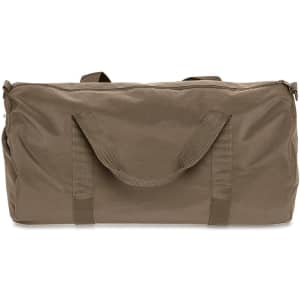 A khaki duffel bag with dual handles and a zip closure, featuring a simple design and a logo.