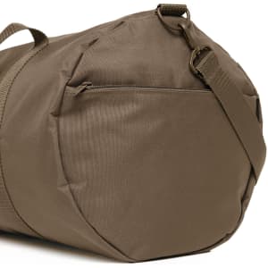 A brown duffel bag with a strap and a zipper pocket on the side, featuring a simple, sleek design.