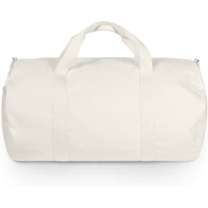 A cream canvas duffel bag with dual handles and a zip closure, featuring a logo on the side.